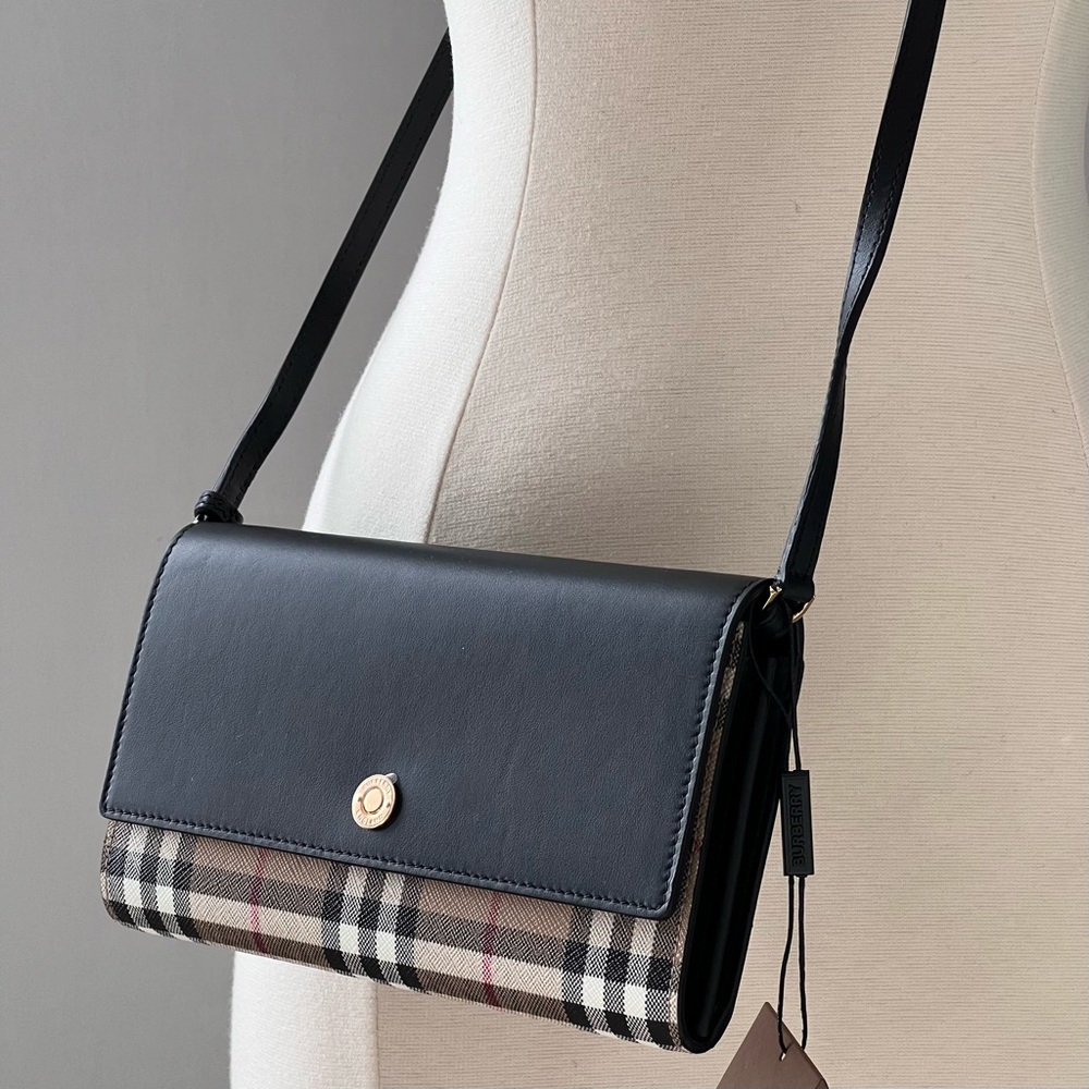 Burberry Check Leather Crossbody Bag in Black - Picture 2 of 13